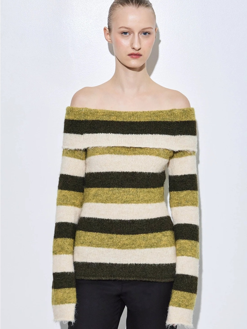 De Rococo Striped Off-Shoulder Sweater in Olive & Cream